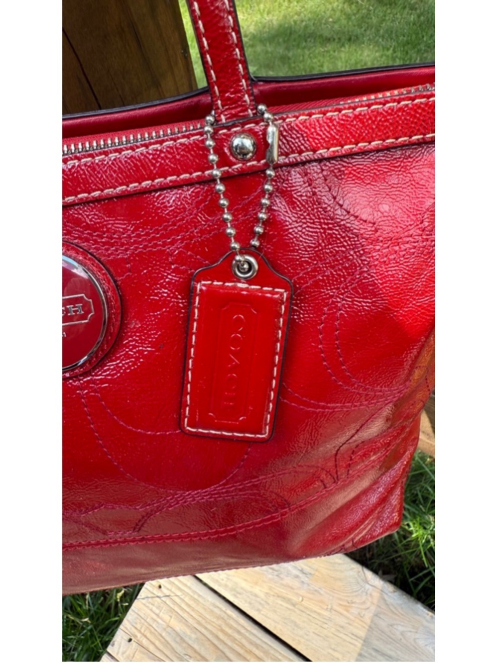Coach Y2K Signature Patent Leather Zip Top Tote Red Style F15142 - Picture 4 of 11